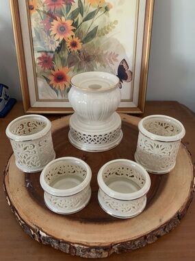 Lenox Ivory Reticulated Candle Holder Set Gold Trim Porcelain Tea Light Set